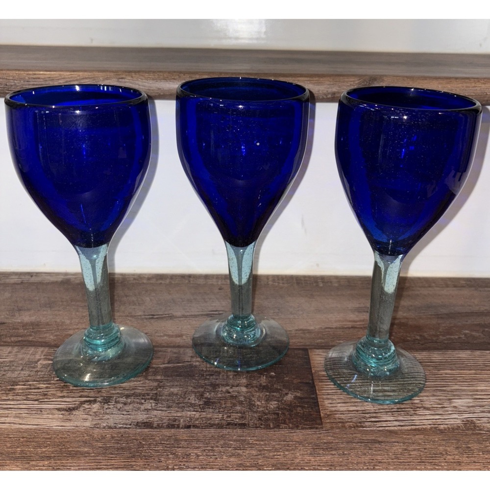 3/Hand-blown Cobalt Blue Water Goblet Clear Stem 7.5"